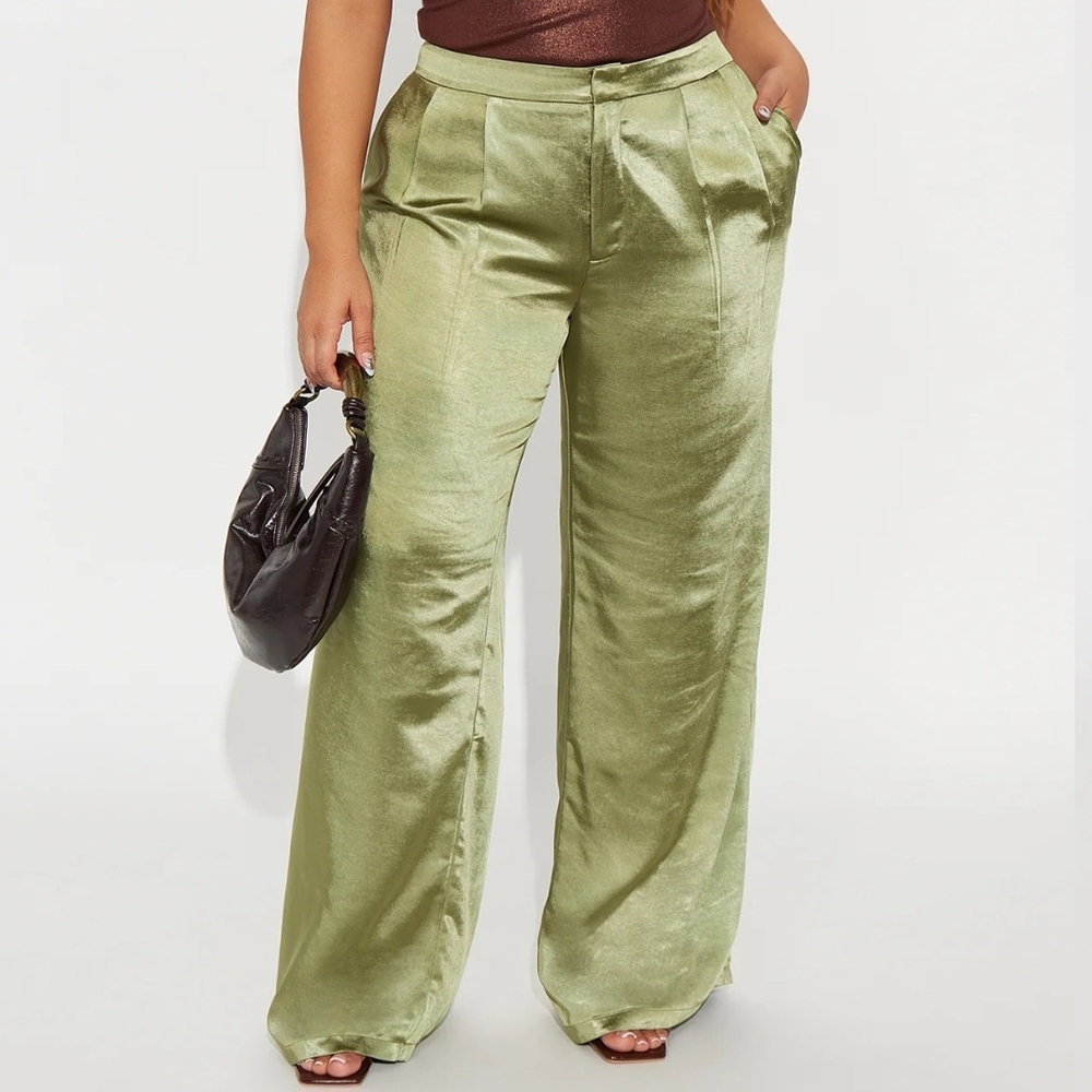 Jan - Fashion Nova Olive Satin Wide-Leg Pants